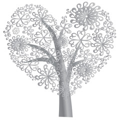 Black-and-white blooming tree, floral background, floral ornament.