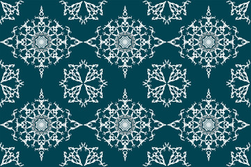 Luxury seamless pattern hand drawn traditional ornament decoration mixed with victorian style. Geometry each side for fashion fabric, knit, textile, batic. Blue background.
