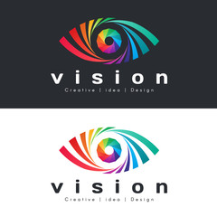 eye vision logo with abstract colorful rainbow eye on dark and white background vector design