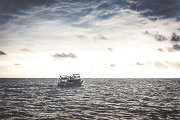 View from cabin Seascape picture. The sky with clouds, waves on the sea surface. Pleasure boat went out to sea photos