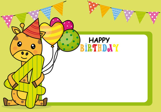 Happy birthday card. Giraffe with balloons and the number four. Space for photo or text