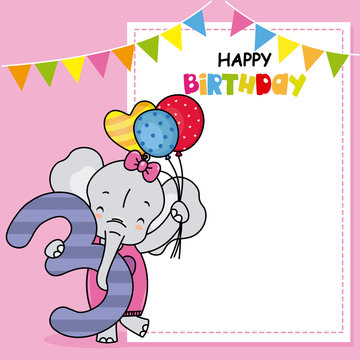 Happy birthday card. Elephant with balloons and the number three. Space for photo or text