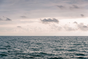 Seascape picture. The sky with clouds, waves on sea surface. Excitement at seaiew from cabin...