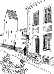 Old street in European city in hand drawn sketch style. Vector illustration. Riga, Latvia, Vintage Urban landscape on white background