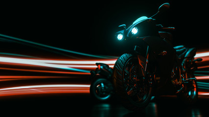 motorcycle is light in the back. 3D render and illustration.