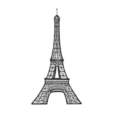 Eiffel tower sketch engraving vector illustration. Scratch board style imitation. Black and white hand drawn image.