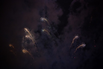 Explosive and colorful holiday fireworks at night sky.