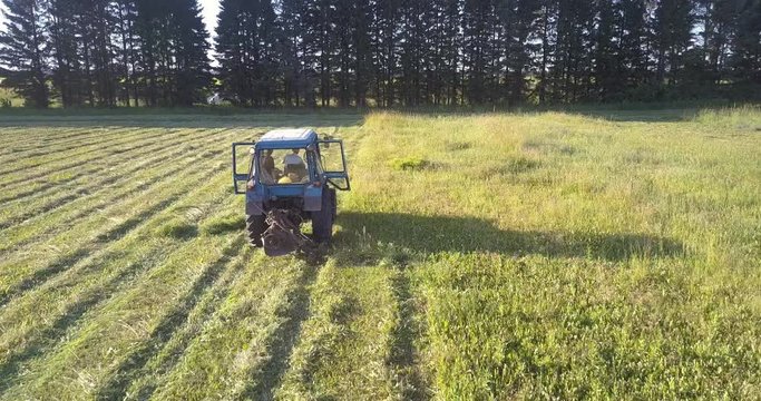 flycam follows old haymaker mowing green grass shining under bright sun rays against trees on field side