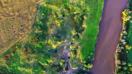 Aerial view of the river. Carcarañá River. Argentina. Cultivation, vegetation