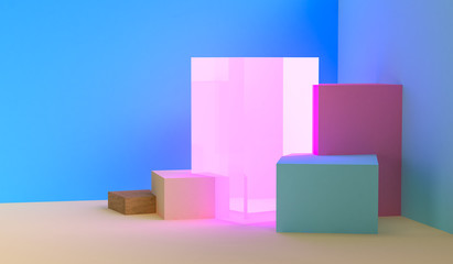 Minimalist abstract background, primitive geometrical figures, pastel colors, 3D render, podium for the advertized goods