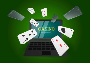 Online casino banner concept with laptop. Poker design or fortune casino gambling. Сards vector illustration. Green background.
