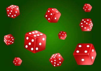 Casino poker classic green background. Falling red dice, isolated. Game concept. Vector illustration