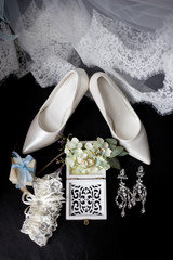 wedding accessories, shoes, earrings, wedding rings, brides garter, lace