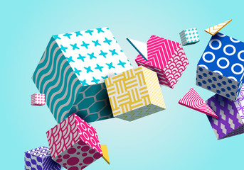 Fototapeta premium Abstract Geometric Background 3D Colorful Cubes, Triangle. Decorative Poster, Wallpaper, Texture. Light, White, Yellow, Blue, Purple, Pink, Violet, Green. Gradient Shapes Composition. Vector EPS10