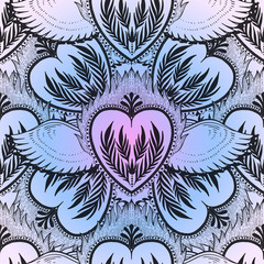 Pattern graphic illustration Beautiful holy heart with mystic and occult symbols. Esoteric boho style.