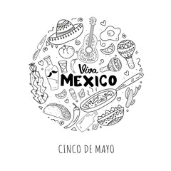 Coloring Page,Book and Antistress freehand sketch.Viva Mexico hand lettering.Vector calligraphy with mexican sombrero,bottle tequila,maraca.Used for greeting card, poster design.Vector illustration