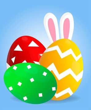 Holy Easter holiday greeting colorful postcard with decorated easter eggs and rabbit ears on background, vector realistic illustration ready for your easter design