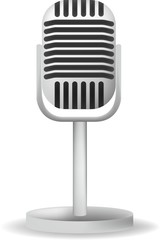 Realistic single silver microphone retro design with black switch on white gray background isolated vector illustration