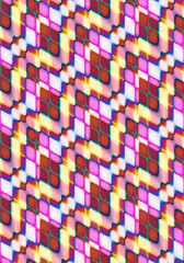 Abstract background assembled at the intersection angle of orange,red,yellow, white, crimson blurred rhombuses and covered with a halftone pattern texture from circles