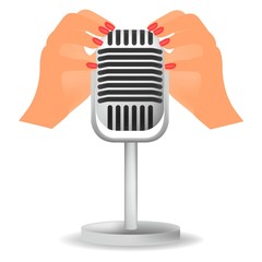 Special metallic microphone for ASMR isolated on white background. Realistic 3D illustration for template decoration or for cover vlog. Female hands with red nails.