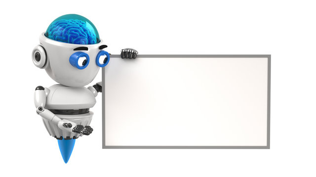 Robot shows on the empty board with white background. 3D Render.