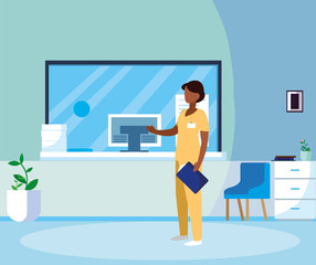 black female medicine worker in hospital reception
