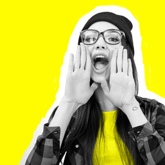 Girl screaming like in megaphone holding hands near her face with open mouth. Young woman touts...