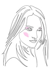Fashion illustration of girl. Continuous line drawing of female face, minimalism, make-up, woman beauty, vector illustration for t-shirt design, print graphics style. Tattoo, logo. Woman's portrait.