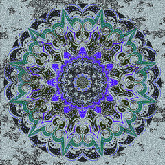 A strict geometric mandala on a background of gray tones - such as a stone grainy surface. Interior in the style of a loft, decor in the men's room, the boy's office. Symmetry, harmony, floral motif.