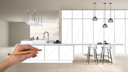 Unfinished project, under construction draft, concept interior design sketch, hand drawing...