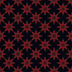 Red stars patterns on black background. Seamless pattern. Abstract vector.