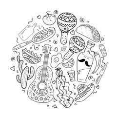 Set of Coloring Page Pattern. Adult Coloring Book Set and Antistress freehand sketch. Mexican sombrero,bottle tequila,maraca,mexican burrito, fried egg, pepper. Vector illustration.