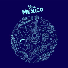 Viva Mexico hand lettering calligraphy with mexican sombrero,bottle tequila,maraca,guitar,nachos,eggs.Used for greeting card, poster design.Vector illustration.