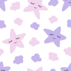 Clouds and stars with eyes and smile cute seamless pattern. Print for kids. Vector hand drawn illustration