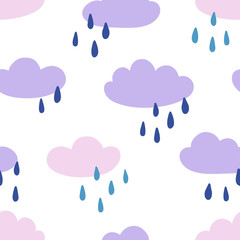 Rainy clouds cute seamless pattern. Print for kids isolated on white background. Vector hand drawn illustration