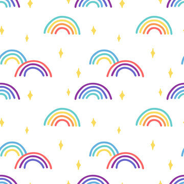 Rainbow and stars cute seamless pattern. Cute kids texture. Vector hand drawn illustration
