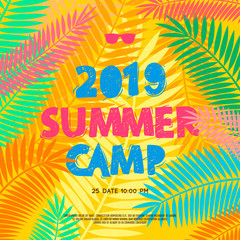 Summer camp 2019 handdrawn lettering on jungle background with colorful tropical leaves. Vector illustration.