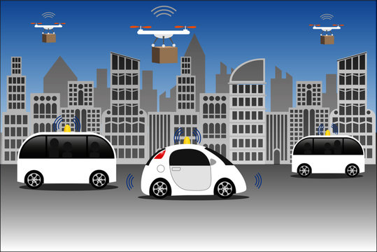 5G technology enbles smart cities with autonomous vehicles and drone for transportation. © Solveig