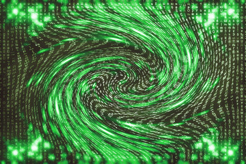 Obraz premium Green matrix digital background. Distorted cyberspace concept. Characters fall down in wormhole. Hacked matrix. Virtual reality design. Complex algorithm data hacking. Green digital sparks.