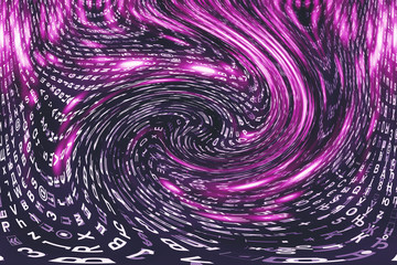 Pink matrix digital background. Distorted cyberspace concept. Characters fall down in wormhole....