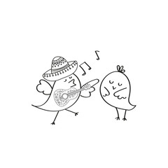 Set of Coloring Page. Adult Coloring Book Set and Antistress freehand sketch with bird play guitar, mexican sombrero. Vector illustration.