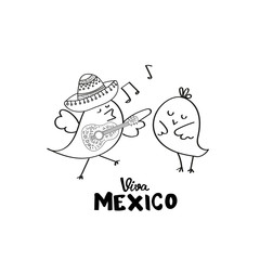 Coloring Page. Adult Coloring Book Set and Antistress freehand sketch with bird play guitar, mexican sombrero. Vector illustration.