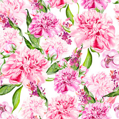 Bright watercolor seamless pattern with peony flowers.