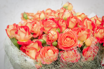 Large beautiful bouquet of orange roses in the package