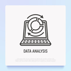 Data analysis thin line icon: opened laptop and diagram with arrows. Modern vector illustration.
