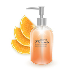 A jar of shampoo or liquid soap with the scent of oranges, realistic shampoo bottle and slices of oranges on white background, cosmetic product healthcare banner. Vector EPS 10
