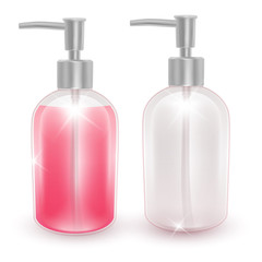 Jar with liquid soap or shampoo on a white background, a vial with a pink liquid and the empty jar, the template for your brand. Realistik Vector illustration