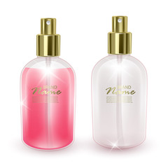 Set of perfume jars, empty and with pink liquid, transparent jar on white background, template for your brand