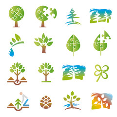  Tree and planting trees icons set. Set of colorful tree symbols. Isolated on white background. Vector available.