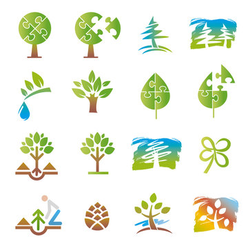  Tree and planting trees icons set. Set of colorful tree symbols. Isolated on white background. Vector available.